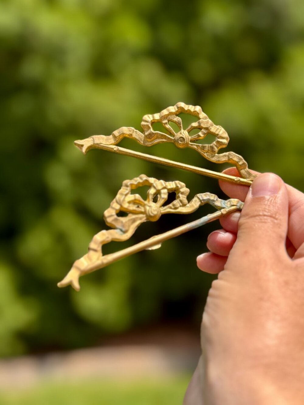 French Brass Bow Ornaments, Pair | Decorative Furniture Mount Fragments